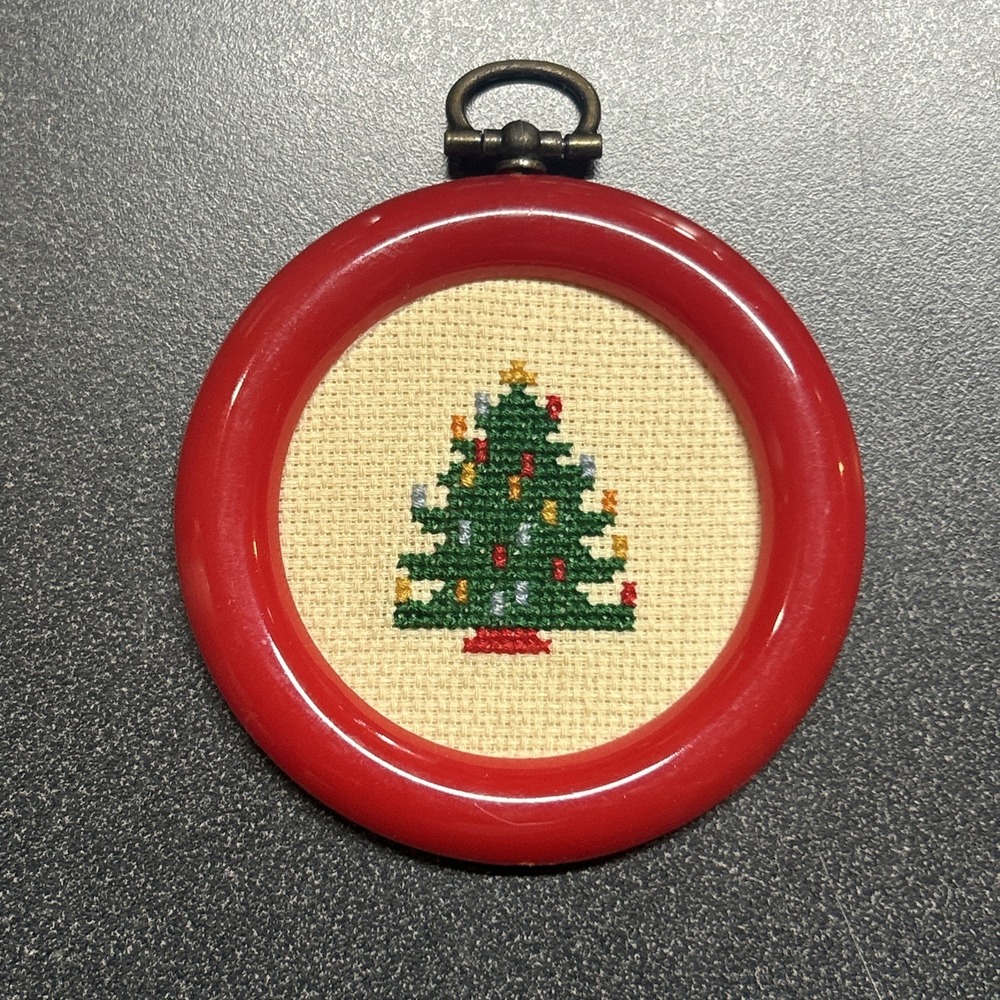 Vintage Cross Stitch Needlepoint Christmas Tree Ornament In Red Plastic Frame.